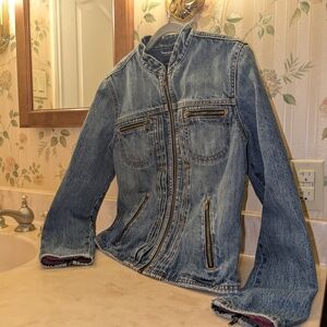 American Eagle Outfitters Blue Jean Jacket with Zipper Accents